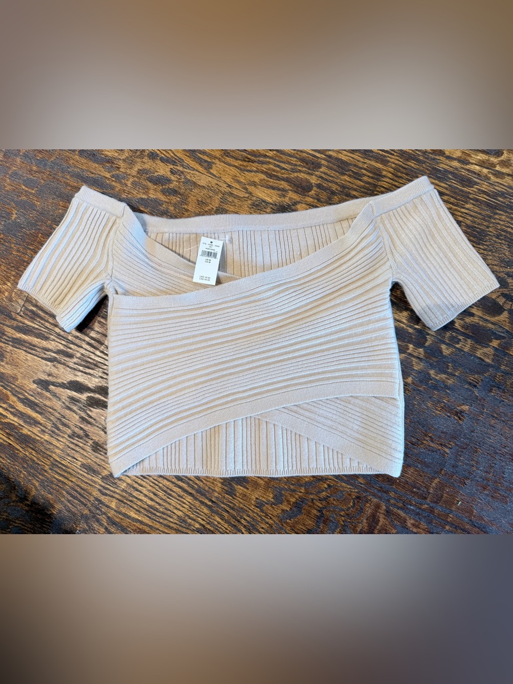 Ribbed Knit Off-Shoulder cropped Top - Light Beige